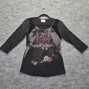 Edista Shirt Womens Medium Black Floral Graphic Embroidered 3/4 Sleeve Tunic Top